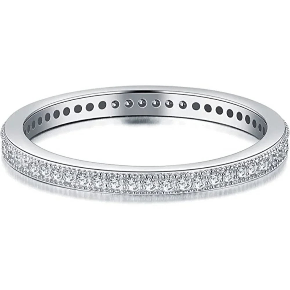 𝅺.925 Sterling Silver Platinum Plated Simulated Diamond 2mm Ring Elegant Band CZ - Picture 3 of 13